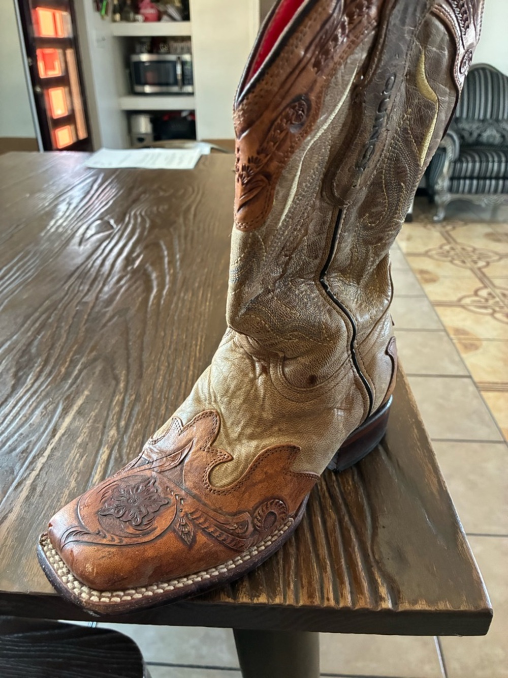 Women's Two-Tone Brown Leather Embroidered Heeled Western Boot